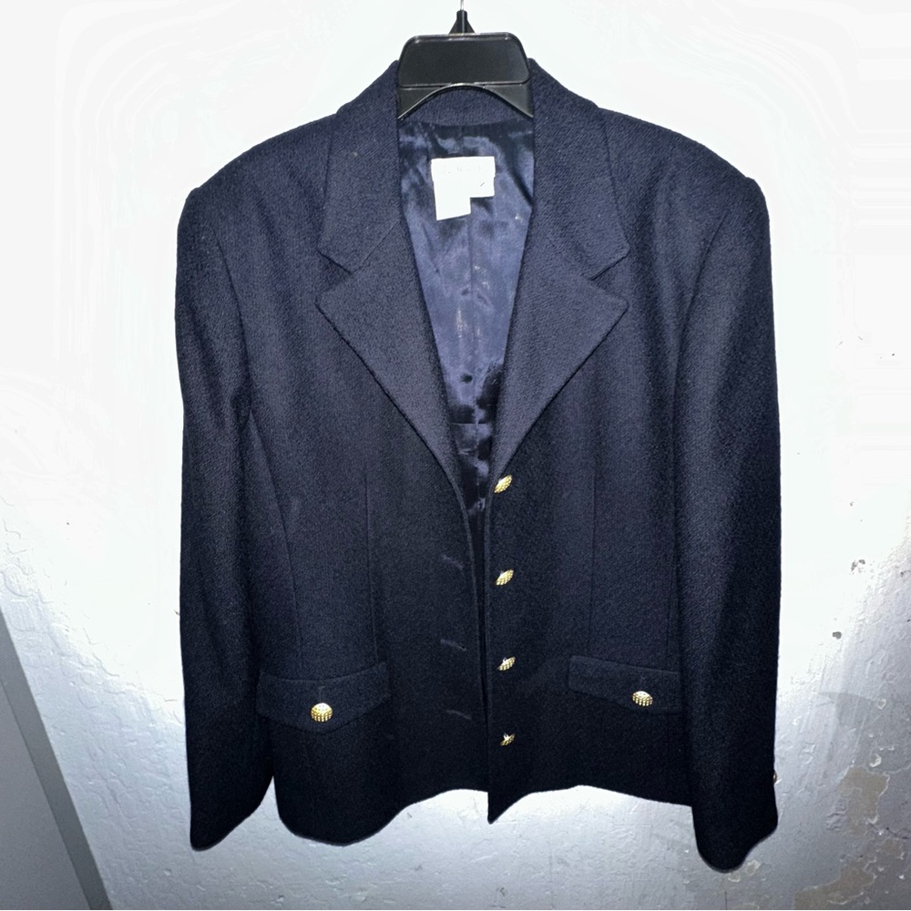 Talbots Navy Wool Blend Button-Up Blazer w/Gold Button Detail Size 12 Vintage